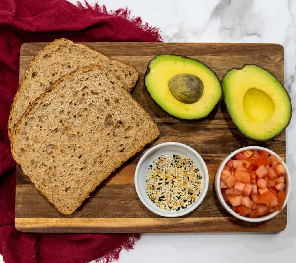 avocado toast ingredients on cutting board