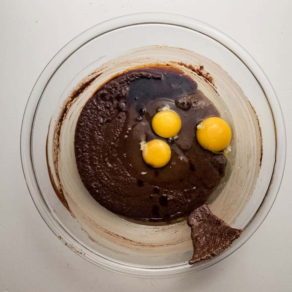 chocolate batter with eggs in bowl