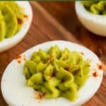 collage of avocado deviled eggs with recipe name overlay