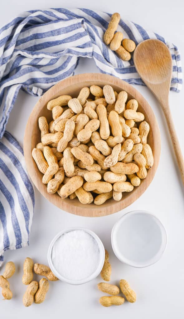 raw peanuts in bowl with bowl of salt