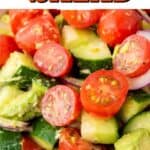 collage of cucumber tomato avocado salad with recipe name overlay