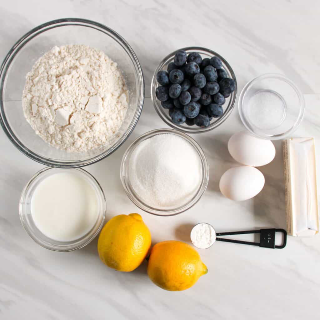 lemon blueberry cupcakes ingredients on countertop