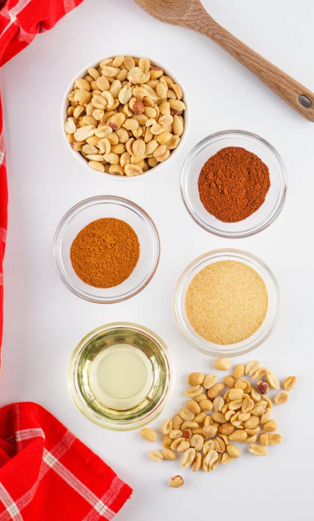 spicy peanut ingredients in glass bowls on counter