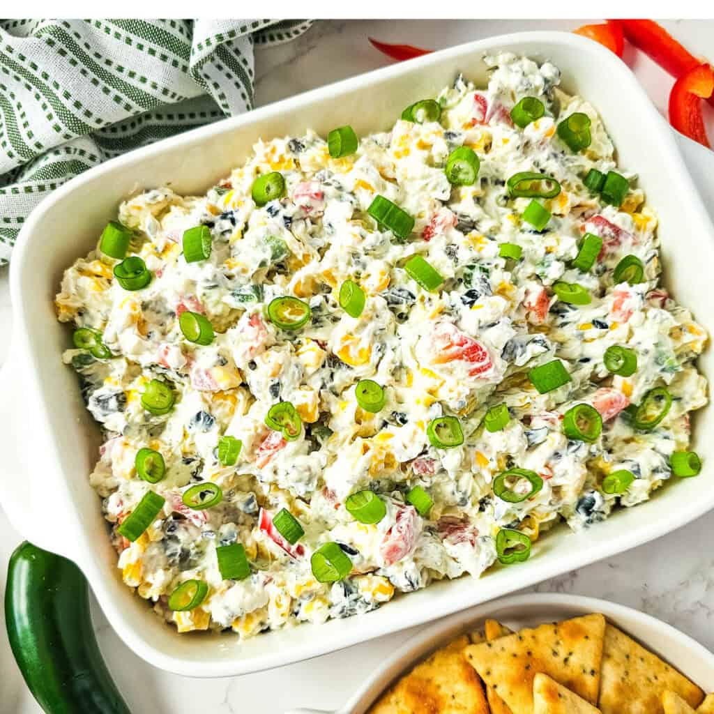Poolside dip in white casserole dish