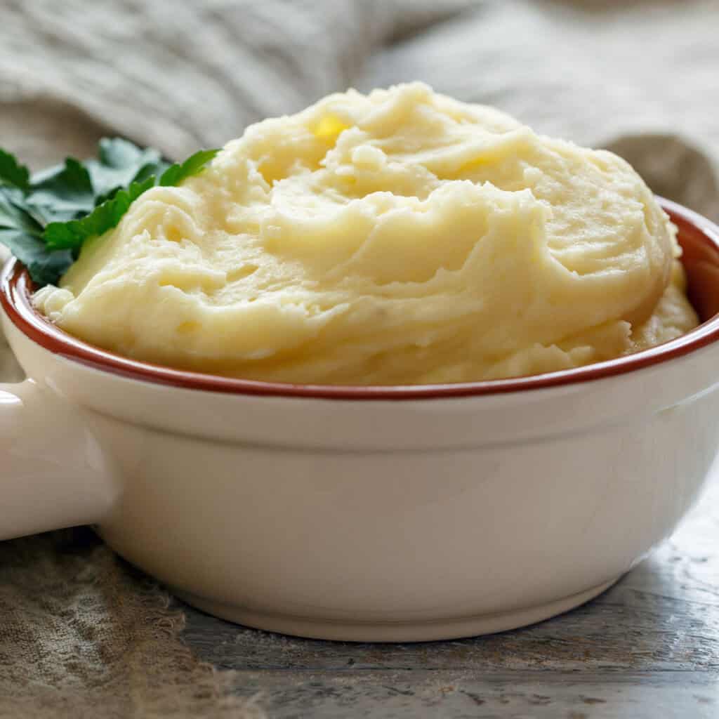 close up of whipped mashed potatoes in white and red bowl
