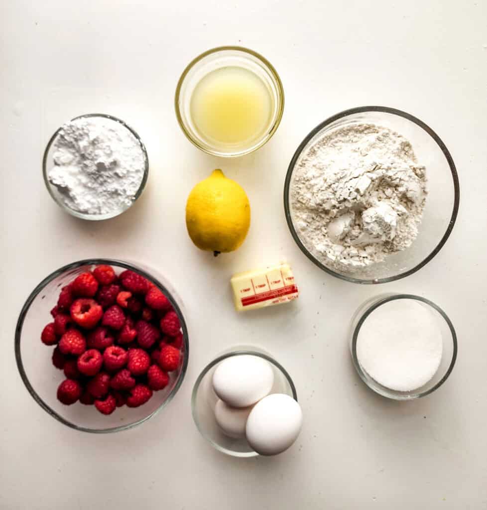 raspberry lemon bars ingredients in bowls on counter