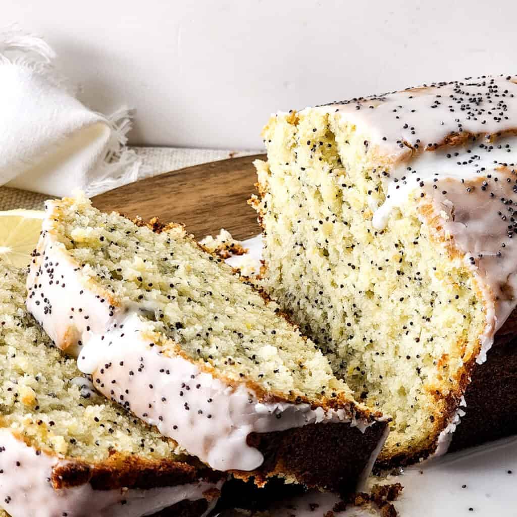 lemon poppyseed bread with a few slices cut