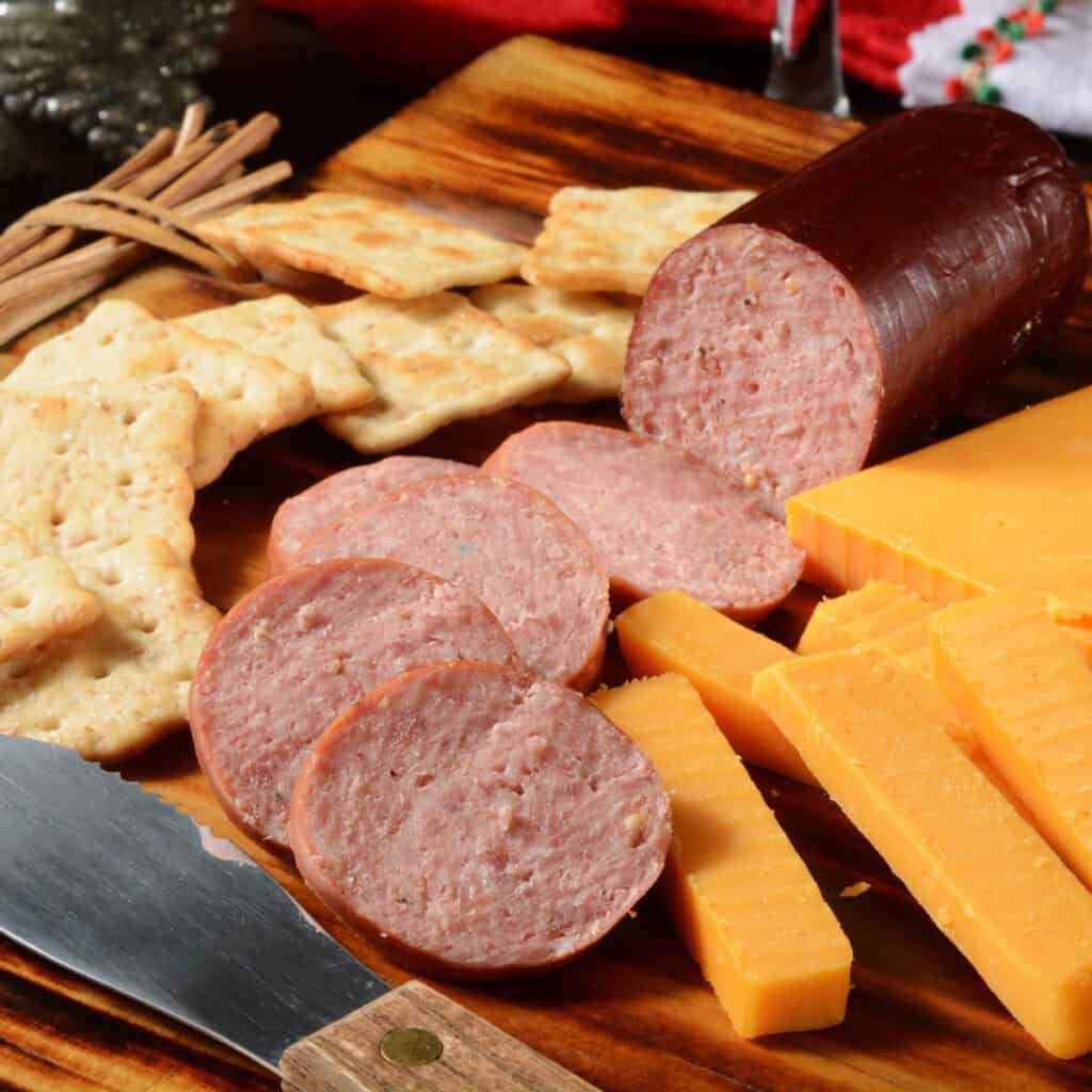 summer sausage, cheese, and crackers on cutting board