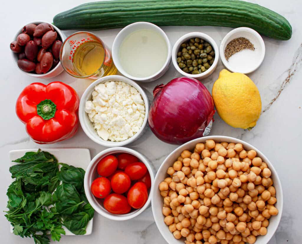 Mediterranean Chickpea Salad ingredients in bowls