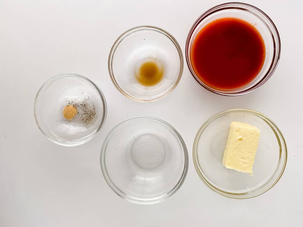 buffalo sauce ingredients in glass bowls