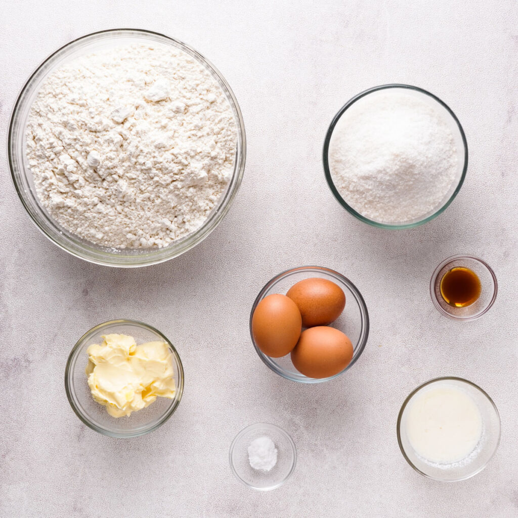Southern tea cakes ingredients in glass bowls