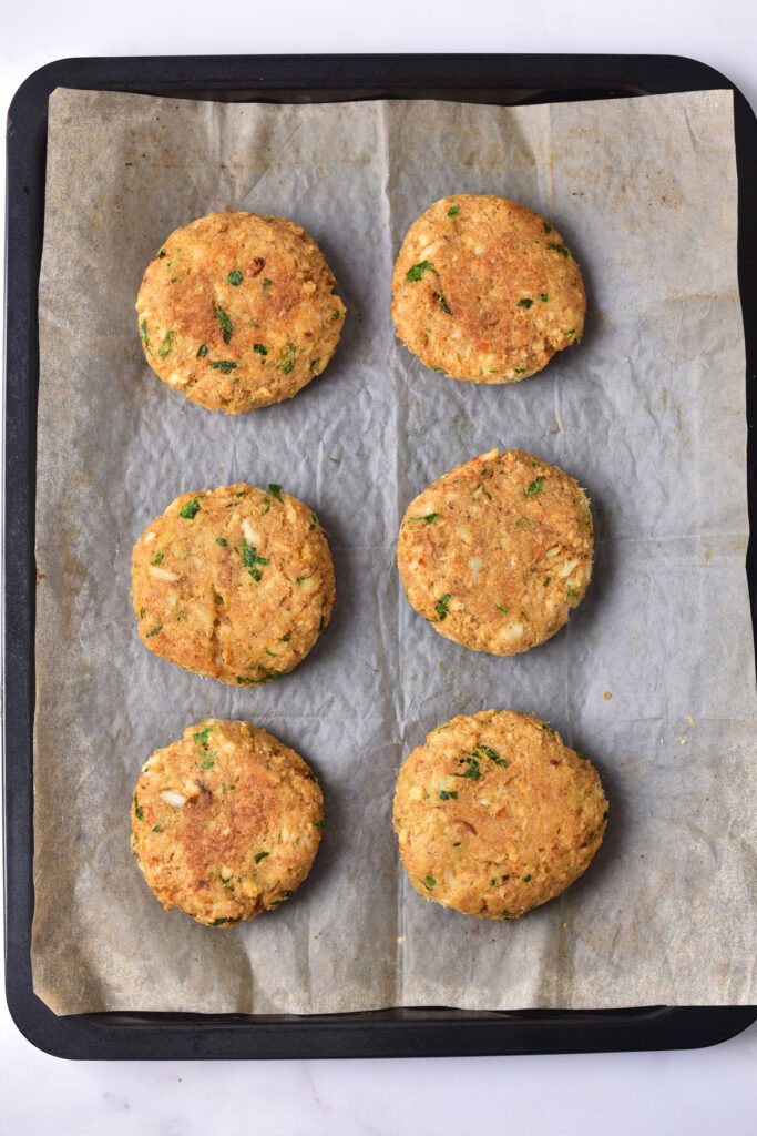 crab cake on baking sheet