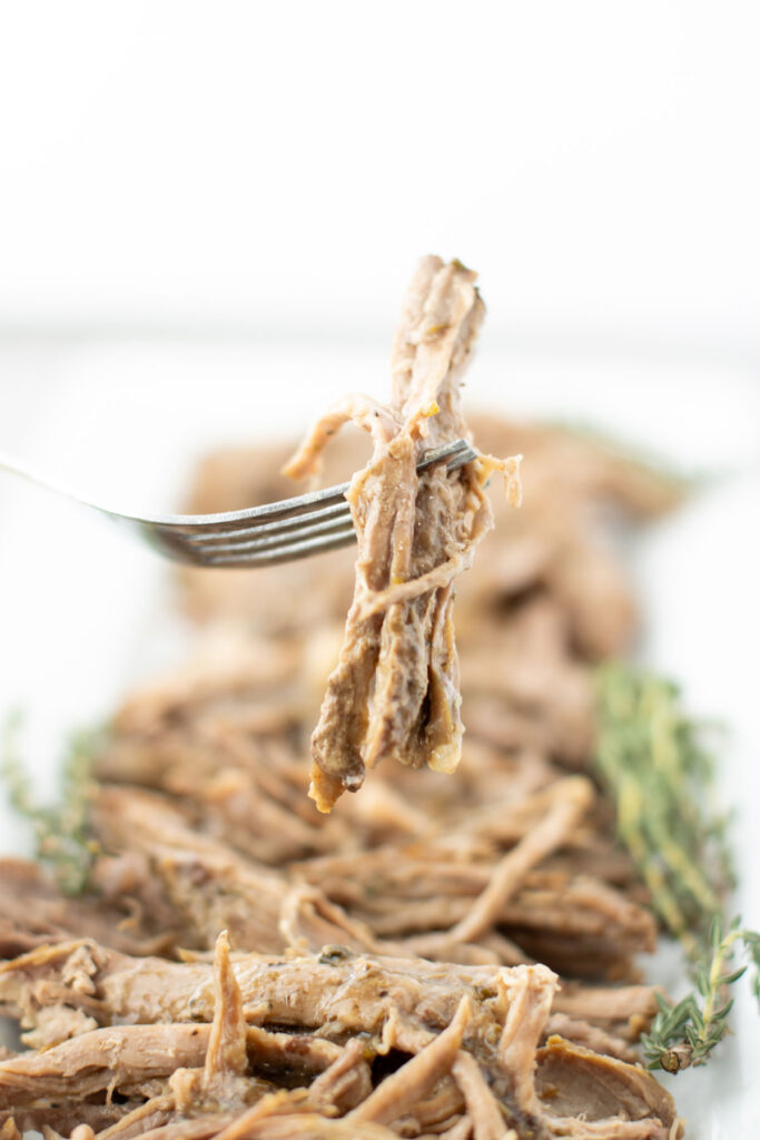 fork with bite of slow cooker tri tip