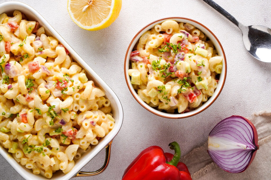 southern macaroni salad in bowl and platter