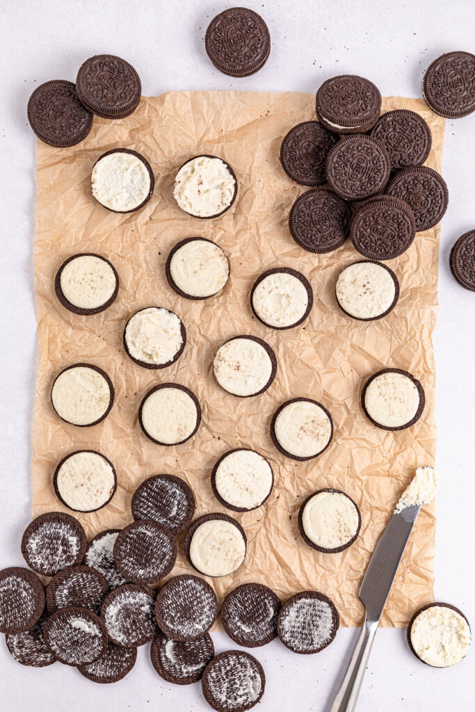 oreos separated with creme filling showing