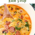 Sausage Potato Kale Soup in dutch oven with recipe name overlay