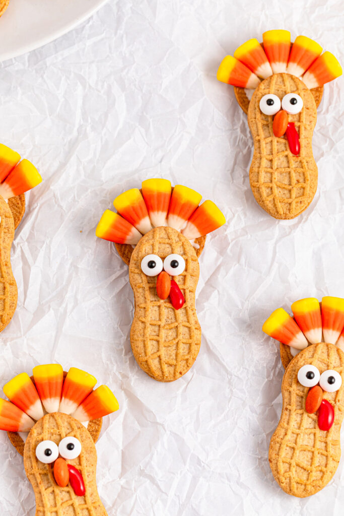 Nutter Butter Turkeys on parchment paper