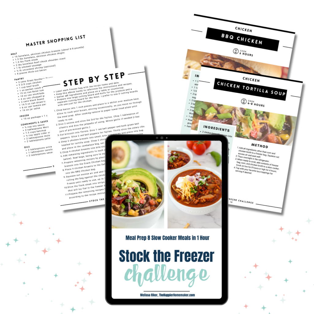 collage of pages from the Stock the Freezer Challenge eBook