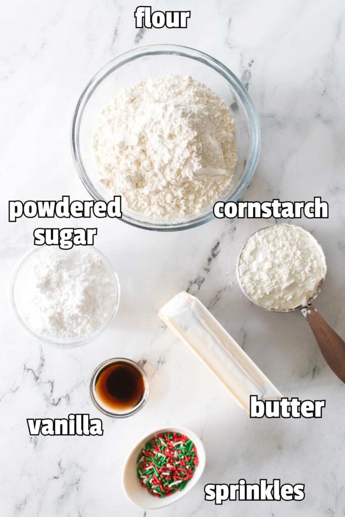 labeled photo of whipped shortbread cookie ingredients in glass bowls on counter