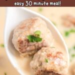 spoon with turkey swedish meatballs and recipe name overlay
