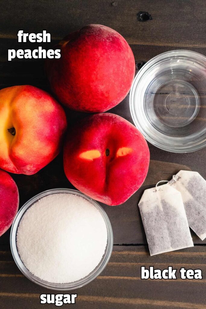 labeled photo of peach iced tea ingredients