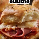 close up of Reuben slider with recipe name overlay