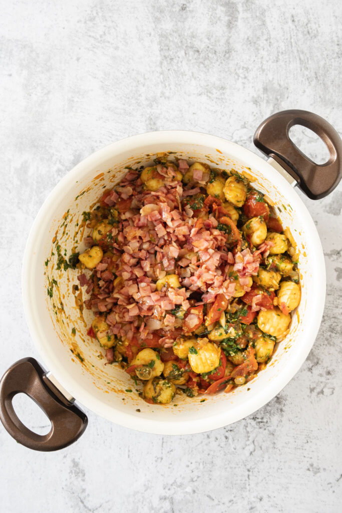 bacon gnocchi in white dutch oven