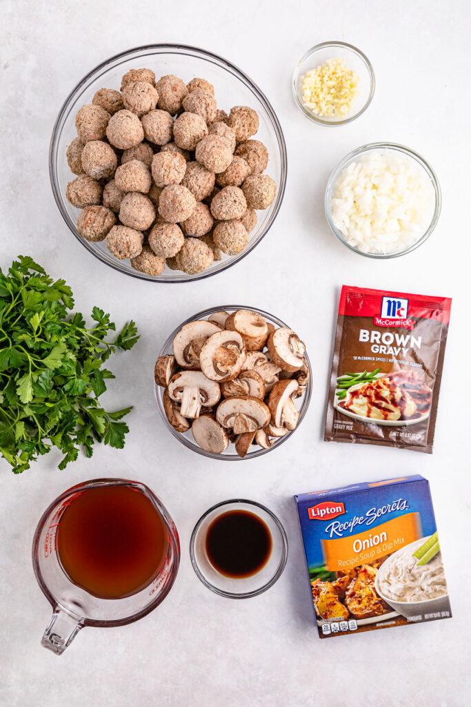 Salisbury Steak Meatball ingredients in bowls on countertop