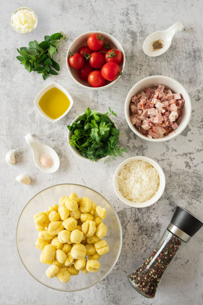 bacon gnocchi ingredients in bowls on coutnertop
