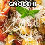 close up of bacon tomato gnocchi with recipe name overlay