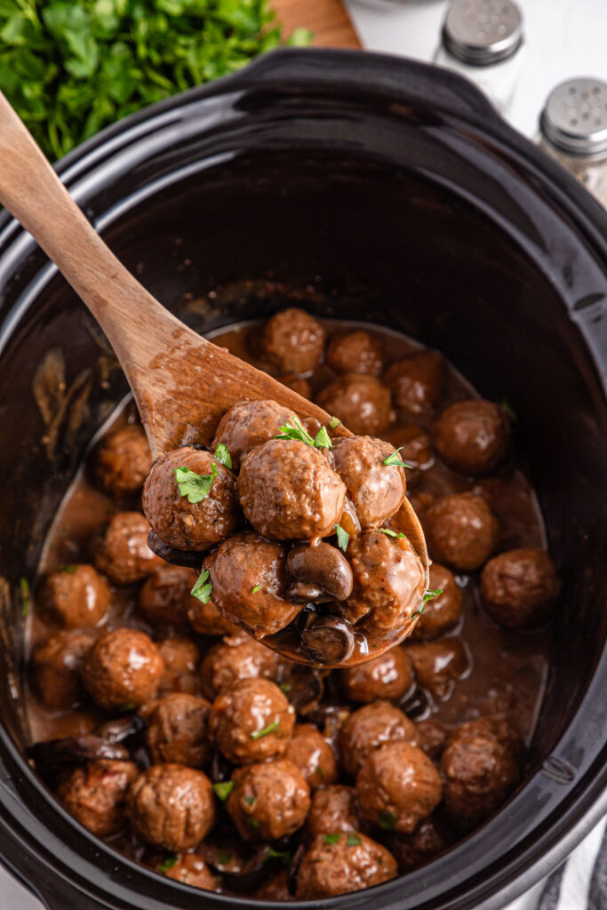 spoon full of Salisbury Steak Meatballs
