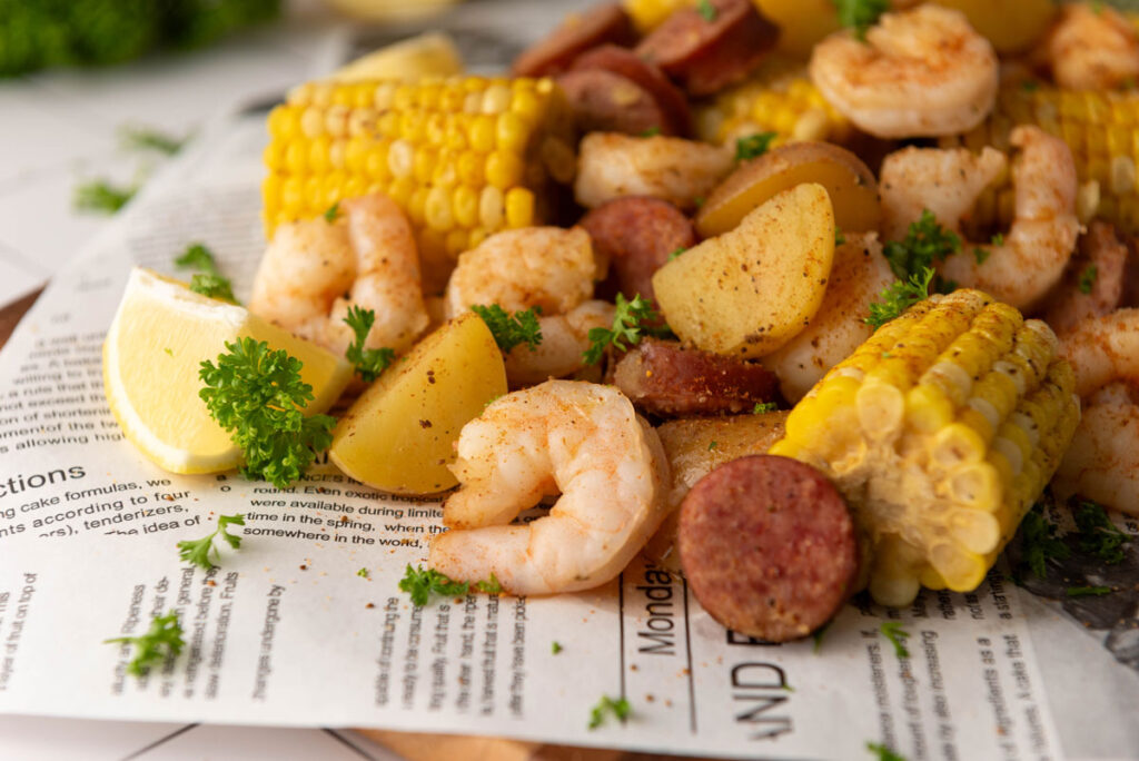 instant pot shrimp boil on newspaper