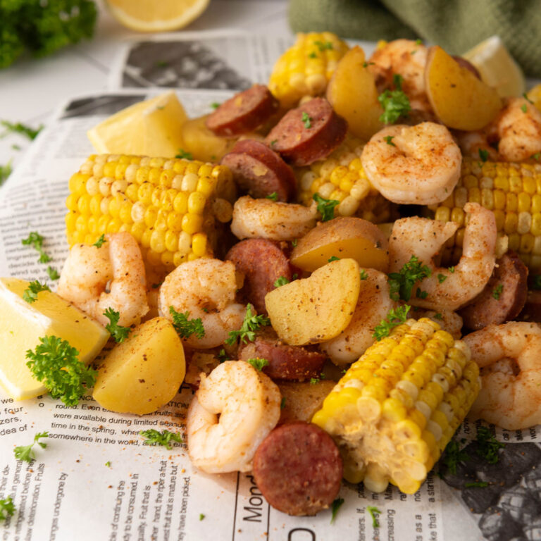 instant pot shrimp boil on newspaper