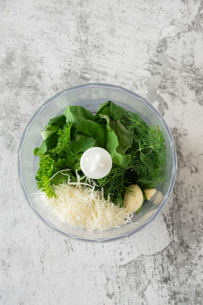 pesto ingredients in food processor