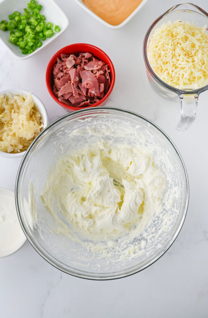 reuben dip around bowl of cream cheese