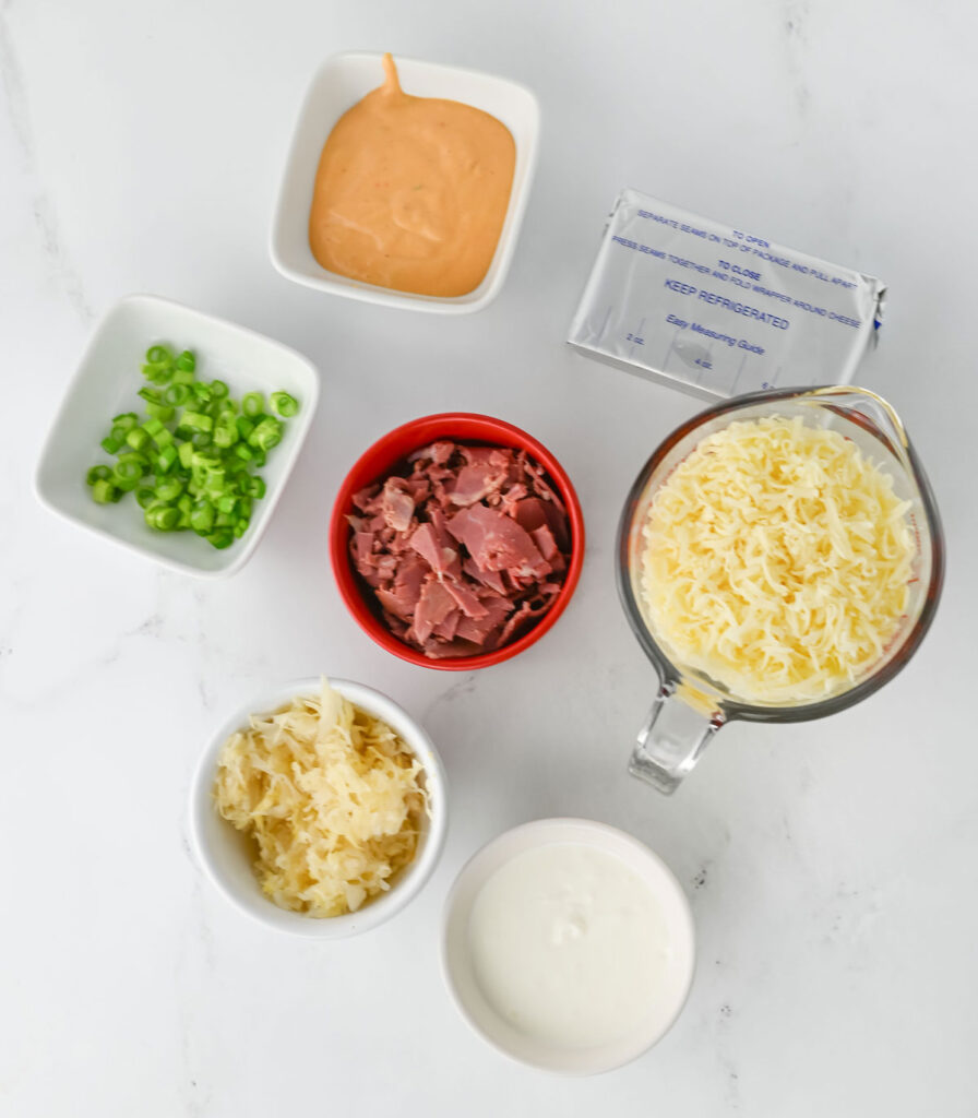 overhead view of reuben dip ingredients on countertop