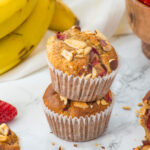 two strawberry banana muffins stacked