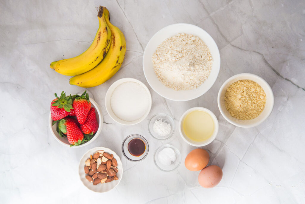 strawberry banana muffins ingredient son countertop