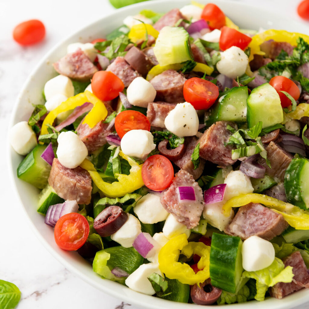 Italian chopped salad in white bowl