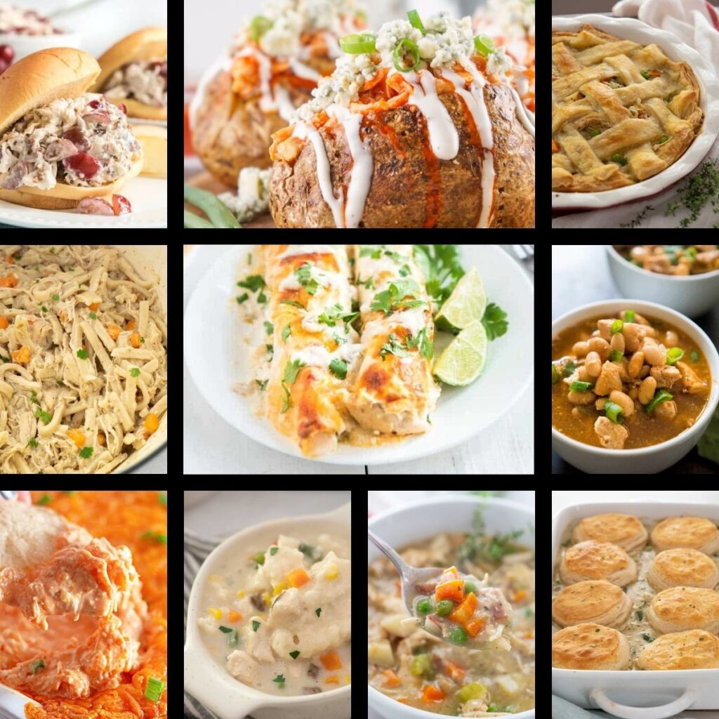 collage of meals made with rotisserie chicken