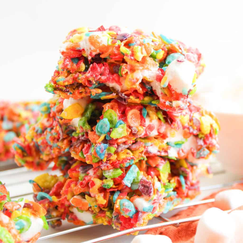 stack of Fruity Pebbles Rice Krispies Treats