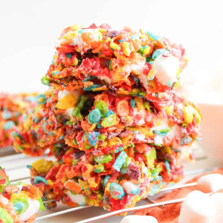 stack of Fruity Pebbles Rice Krispies Treats