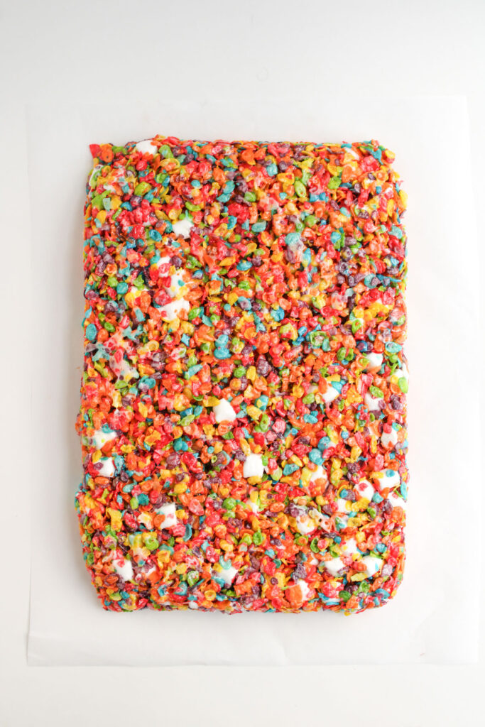 Fruity Pebbles Rice Krispies Treats before cutting into squares