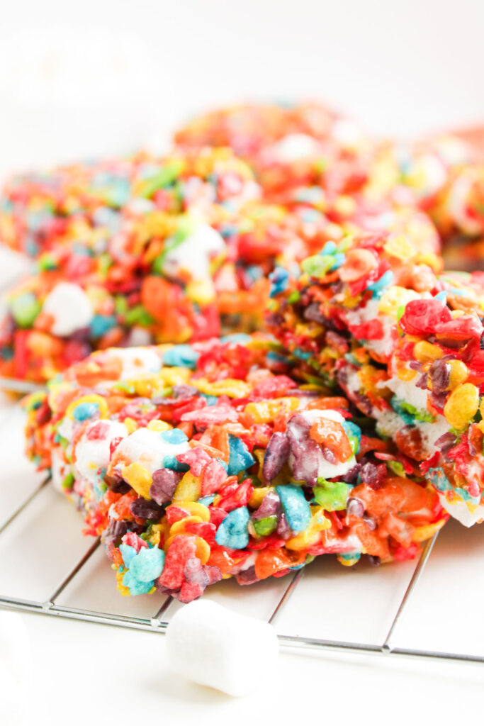Fruity Pebbles Rice Krispies Treats on cooling rack