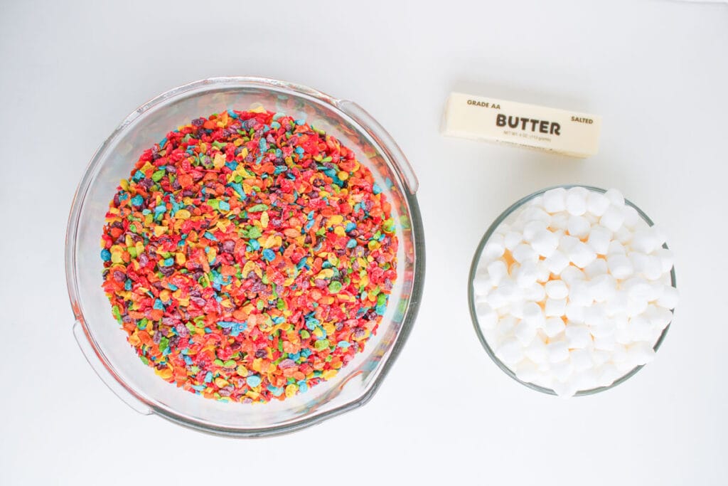 Fruity Pebbles Rice Krispies Treats ingredients on countertop