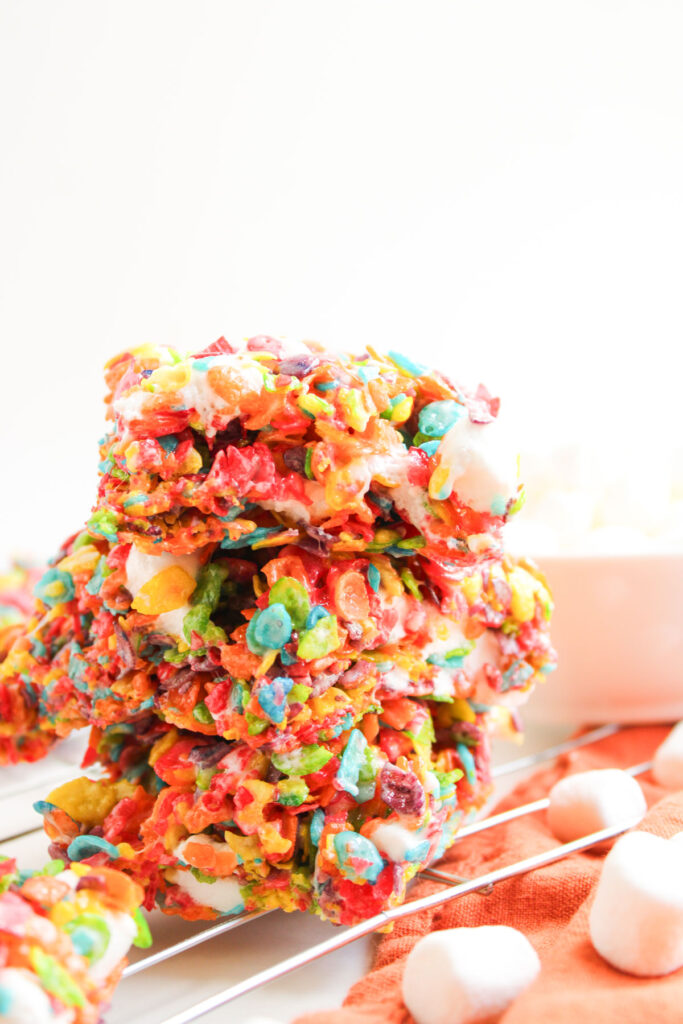 stack of colorful Fruity Pebbles Rice Krispies Treats