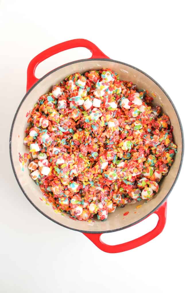 making fruity pebble treats in dutch oven