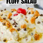 banana split fluff salad close up with recipe name overlay