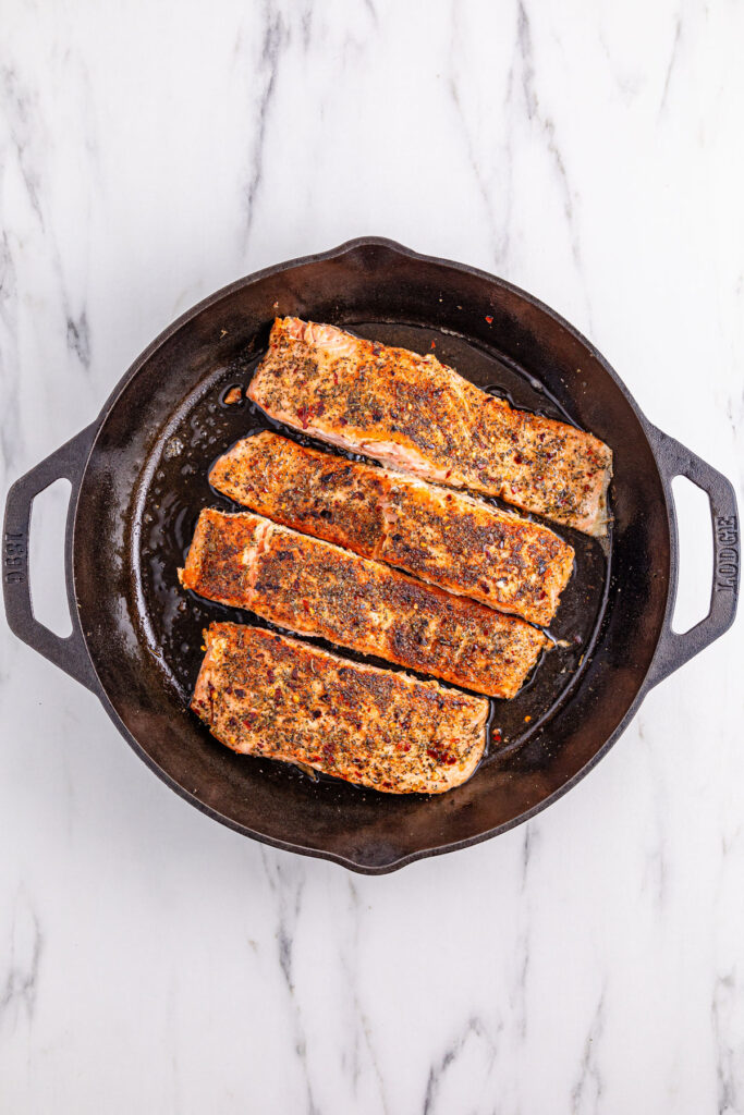 salmon in cast iron pan