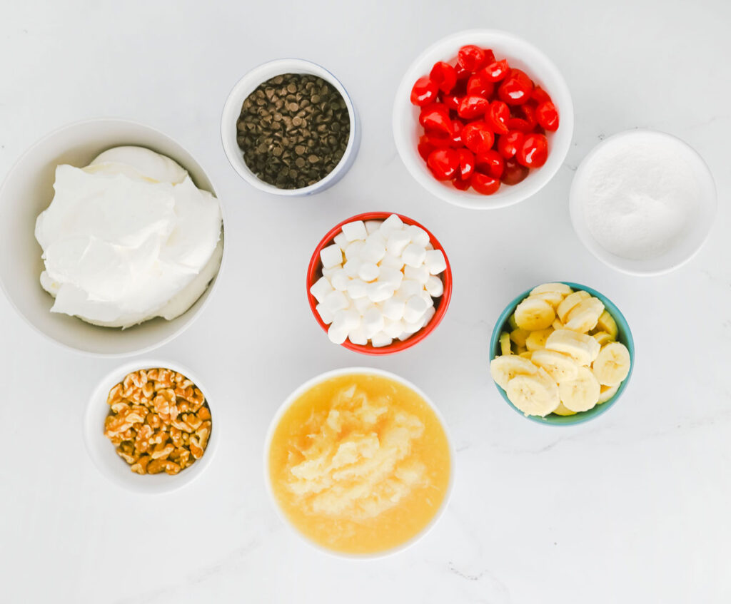 banana split fluff salad ingredients on countertop
